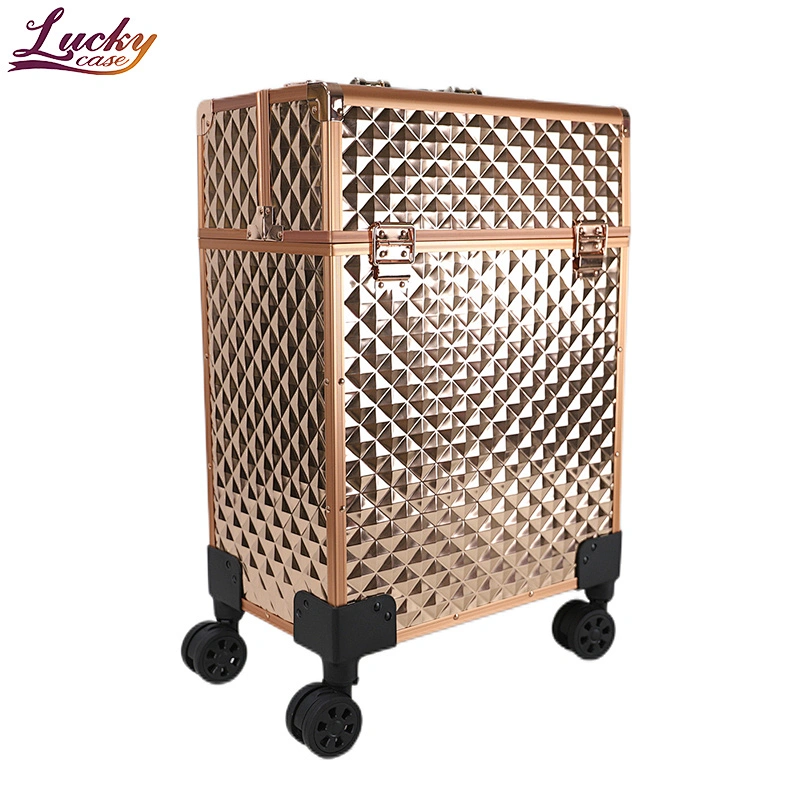 Lockable Professional Makeup Rolling Trolley Organizer Case Aluminum Makeup Case Rolling Makeup Case