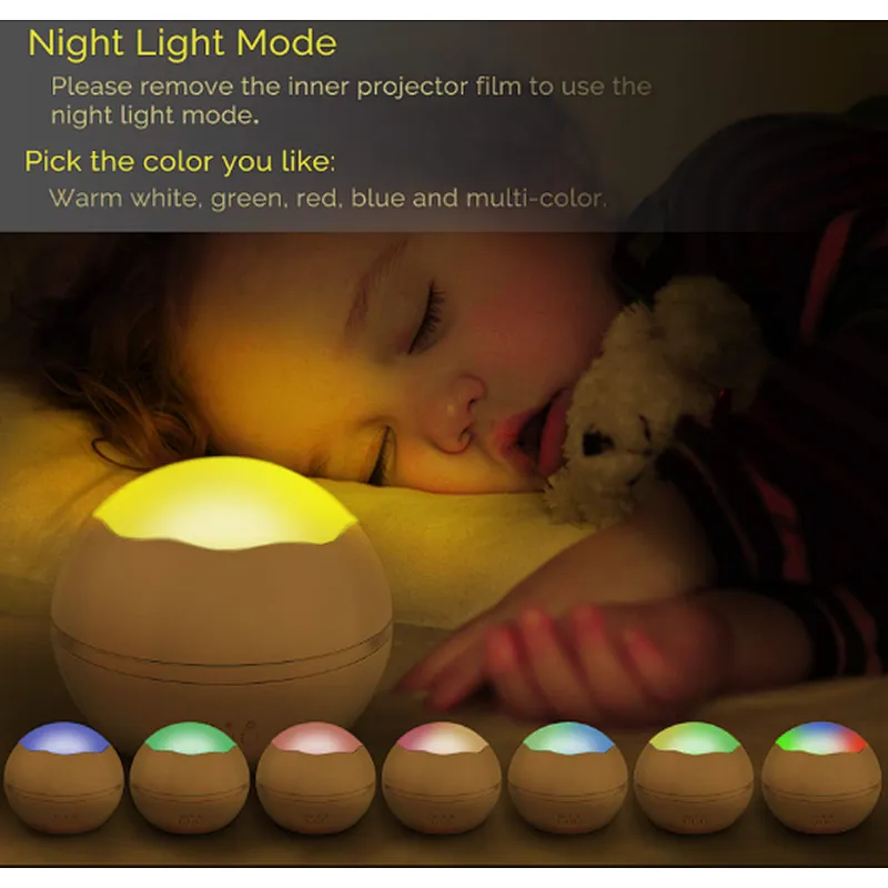 Starry light projector lamp 360 degree roating 8 color mode USD cable for baby night lights