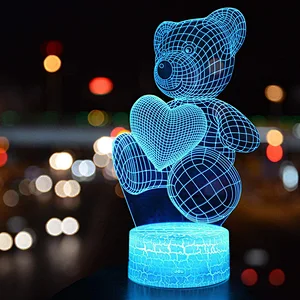 3D Teddy Bear Night Light 16 Colors Change Sleep Lamp Optical Illusion Lamp