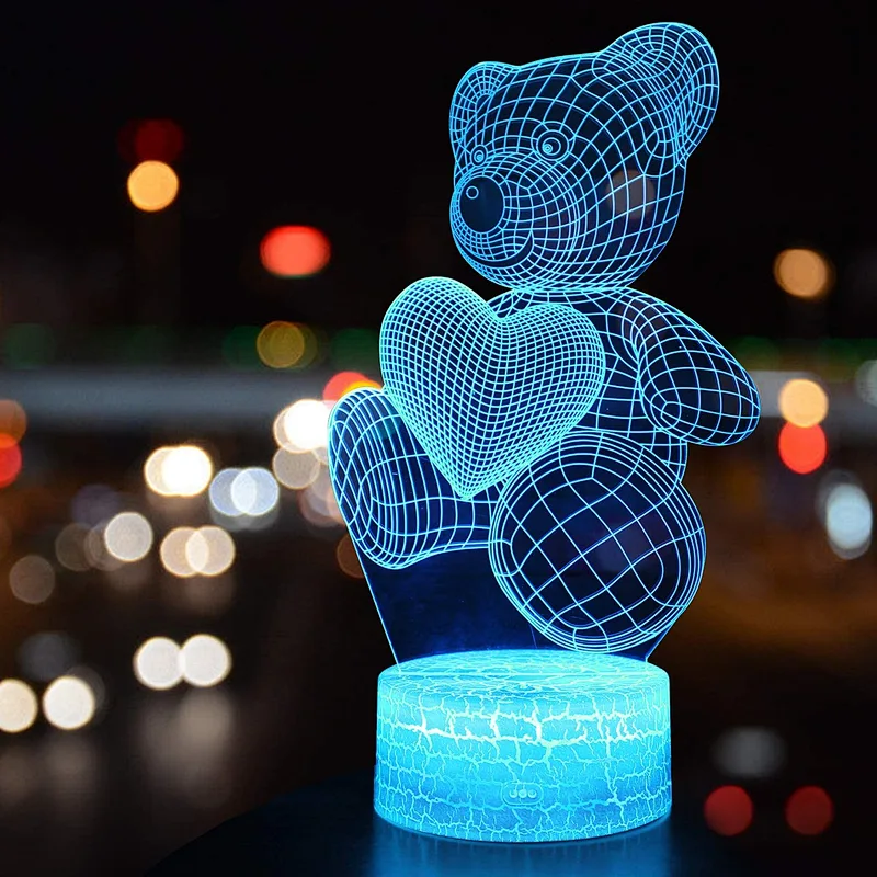 3D Teddy Bear Night Light 16 Colors Change Sleep Lamp Optical Illusion Lamp