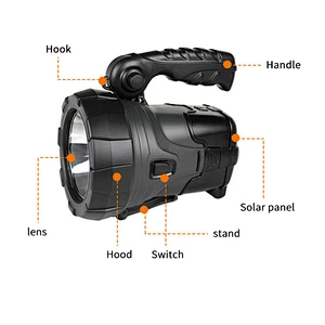 10W Solar power camping torch 2400mAh rechargeable lithium battery long range led flashlight