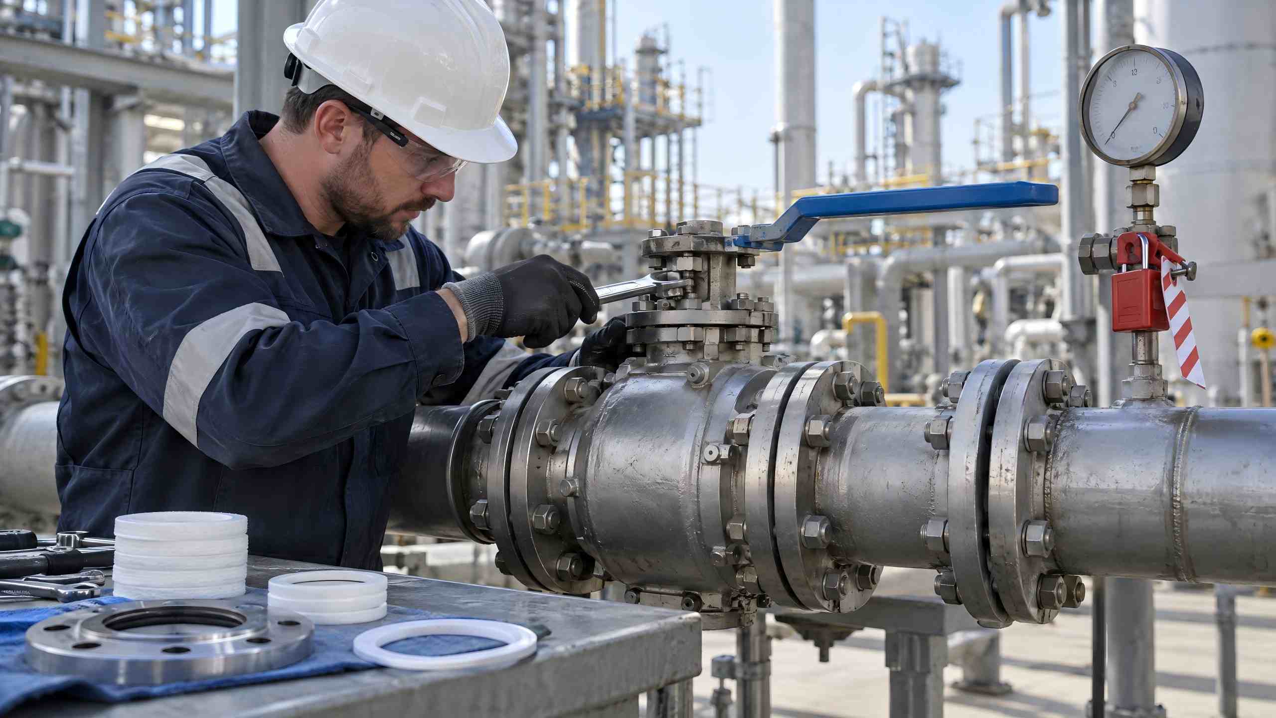 Technician inspecting ball valve