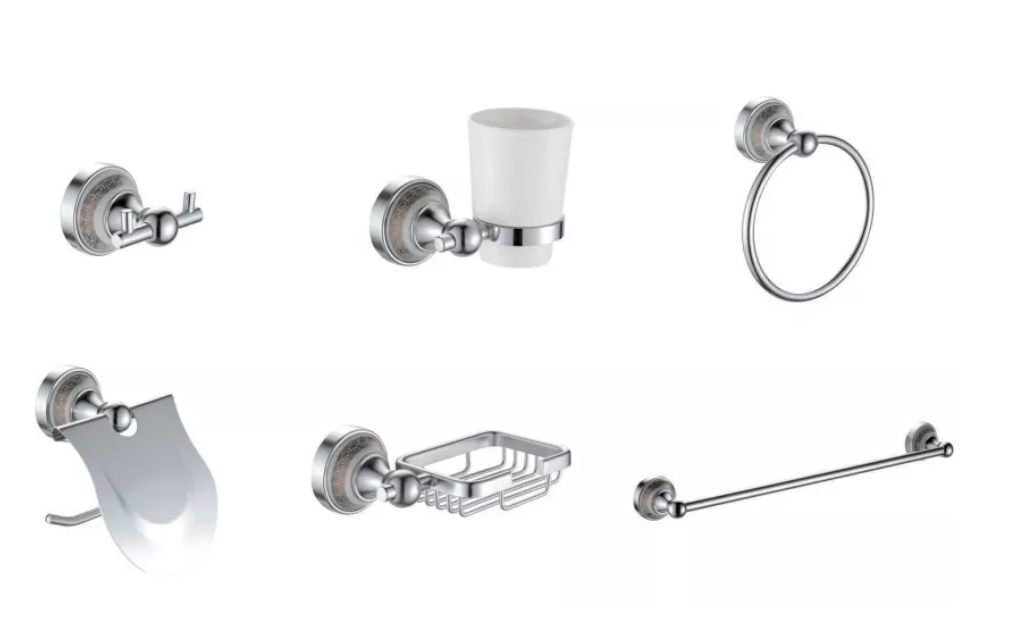 AL  BATHROOM ACCESSORY TOWEL BAR  SOAP BASKET AND HOCK