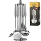 Cooking Utensils Set Heat Resistant Kitchen Stainless Steel Cooking Spoons Spatula Non-Stick Cooking Tools Includes Ladle Slotted Turner Skimmer Slotted Spoon Solid Spoon