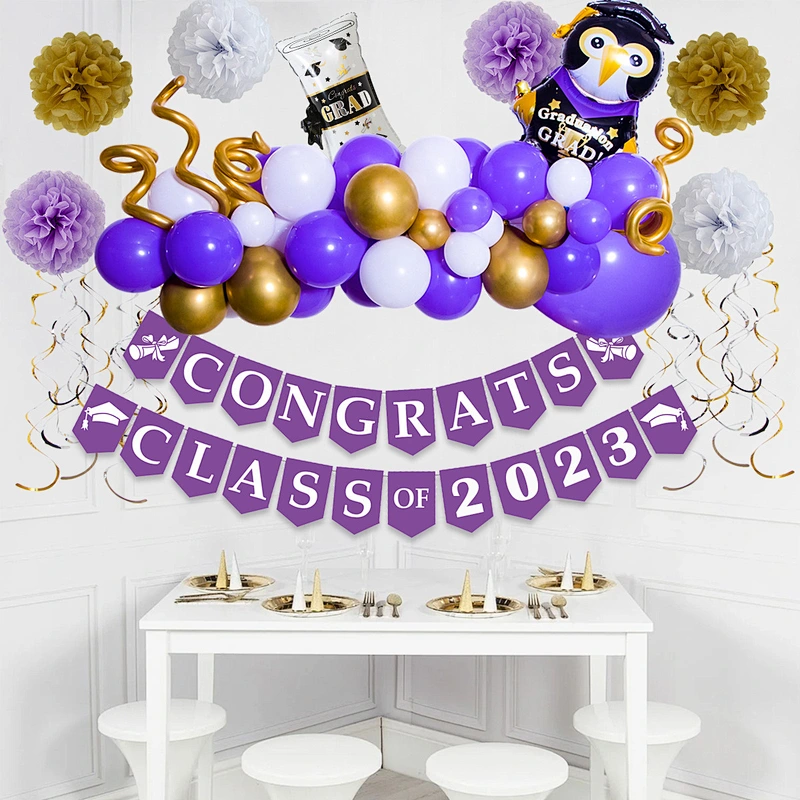 2023 Graduation Theme Blue Latex Balloon Arch Paper Pull Flag Graduation Party Background Decoration Balloon Chain Set