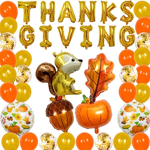 Thanksgiving Day Party Decoration Balloon Arch Kit Autumn Animals Squirrel Maple Leaf Pine Cone Foil Gold Confetti Balloon Set