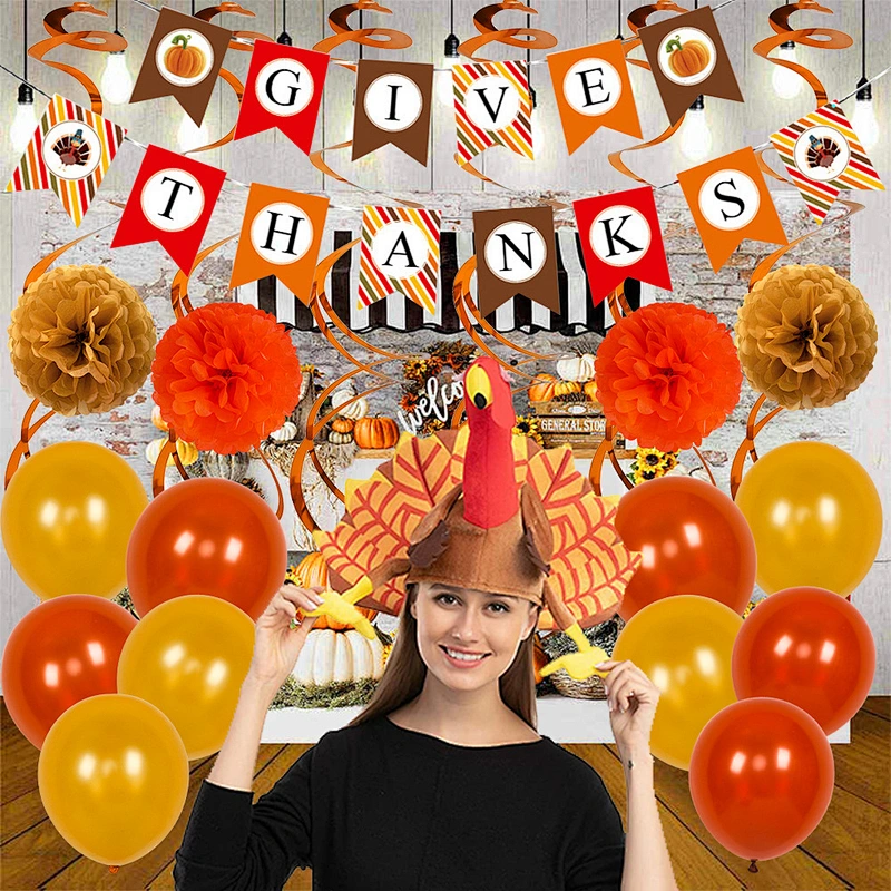 Thanksgiving Day Party Decoration Balloon Arch Kit Autumn Animals Squirrel Maple Leaf Pine Cone Foil Gold Confetti Balloon Set