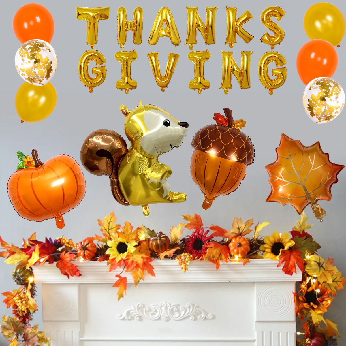 Thanksgiving Day Party Decoration Balloon Arch Kit Autumn Animals Squirrel Maple Leaf Pine Cone Foil Gold Confetti Balloon Set