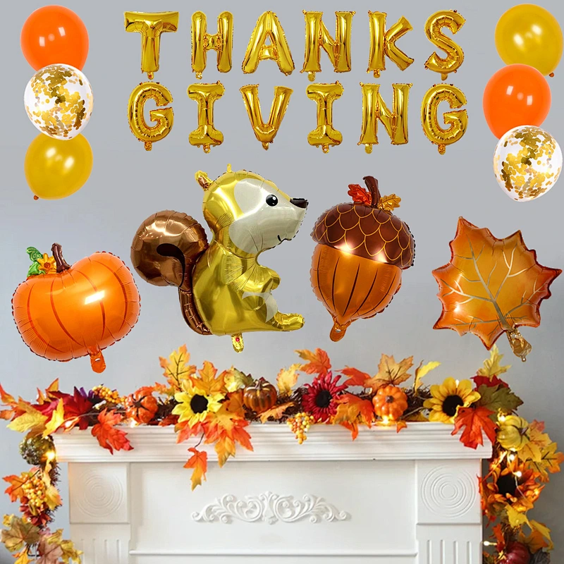 Thanksgiving Day Party Decoration Balloon Arch Kit Autumn Animals Squirrel Maple Leaf Pine Cone Foil Gold Confetti Balloon Set
