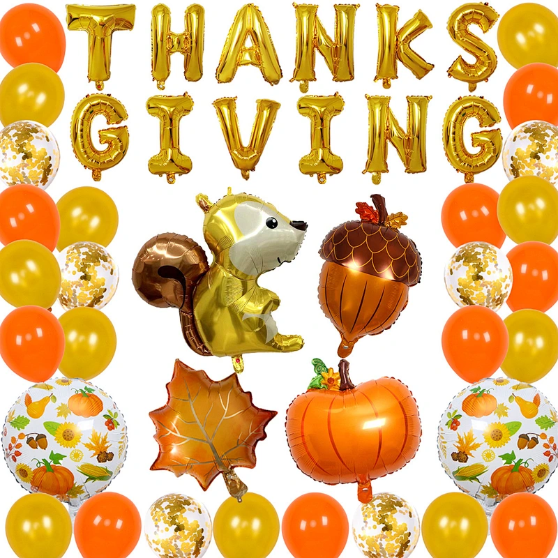 Thanksgiving Day Party Decoration Balloon Arch Kit Autumn Animals Squirrel Maple Leaf Pine Cone Foil Gold Confetti Balloon Set