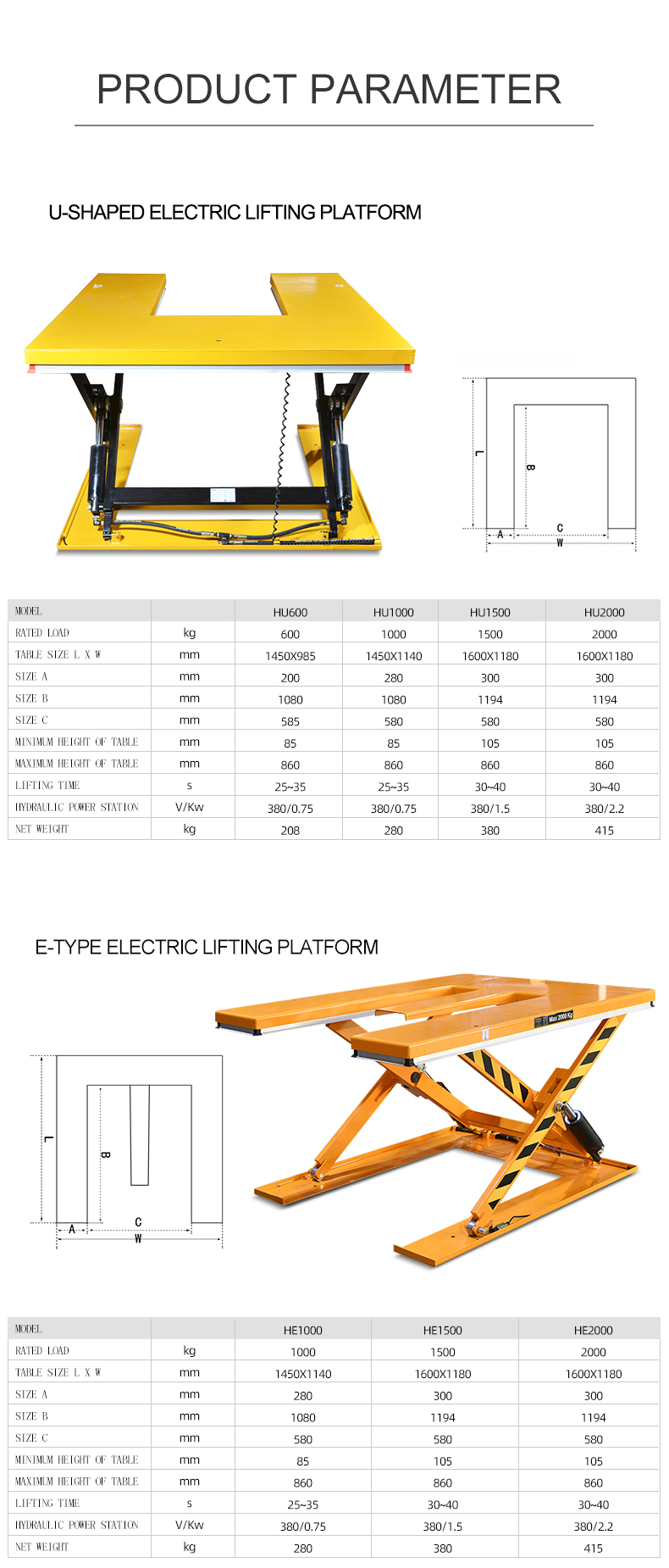 sinolift HU HE U-type and E-type electric lifting platform
