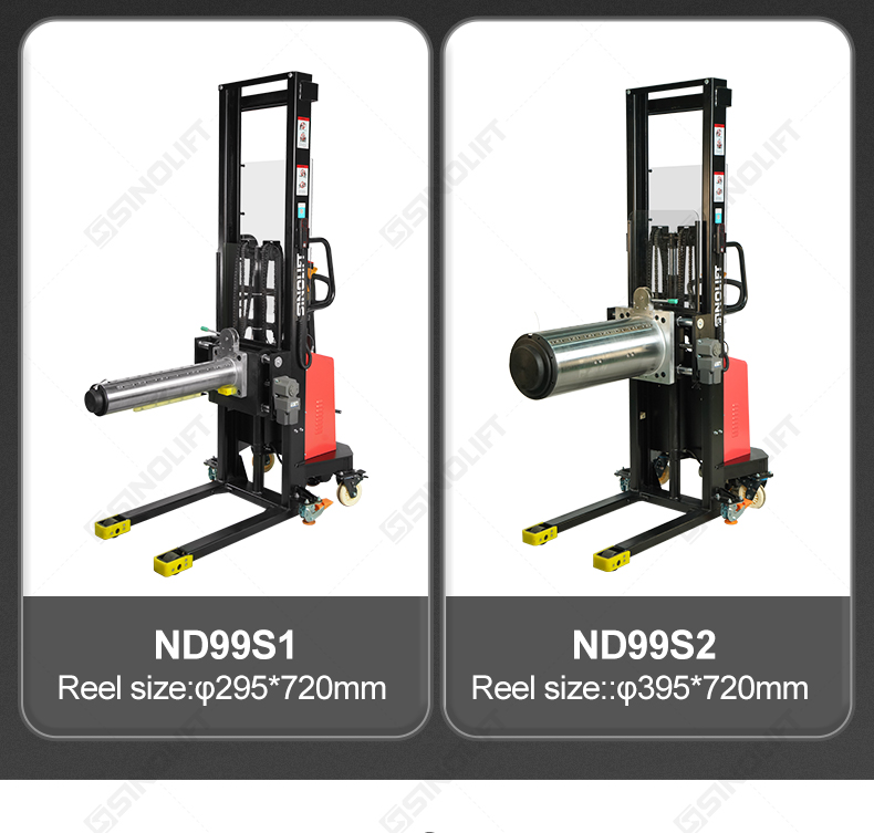 Industrial reel lifting attachment with vertical spindle technology gripping a core from inside.