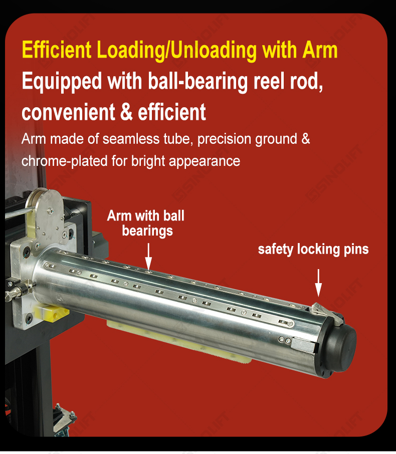 Electric reel stacker lifting a roll to its maximum height of 1.96 meters for efficient storage.