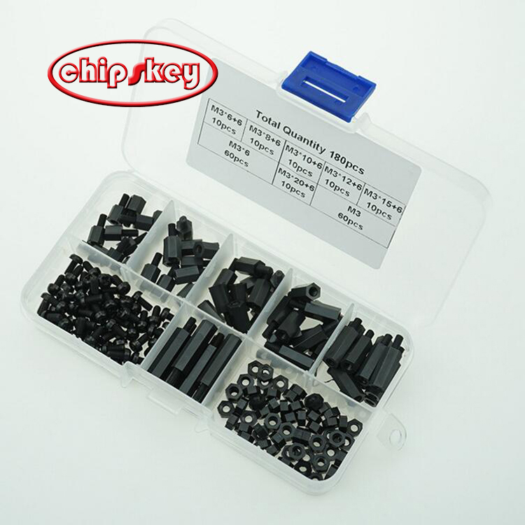 180pcs M3 Hex Male Female Nylon Spacer Standoff Screw Black Spacing Plastic Screw Nut Assortment Kit