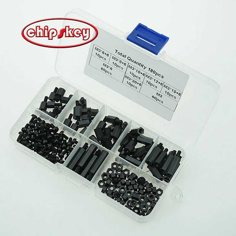180pcs M3 Hex Male Female Nylon Spacer Standoff Screw Black Spacing Plastic Screw Nut Assortment Kit