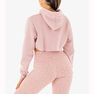 Women Pure Color Pullover Work Out Cotton Cropped Hoodies