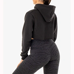 Women Pure Color Pullover Work Out Cotton Cropped Hoodies