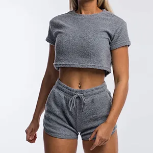 Womens Casual Shorts Tops Sets Berber Fleece Shorts Crop Top Sets