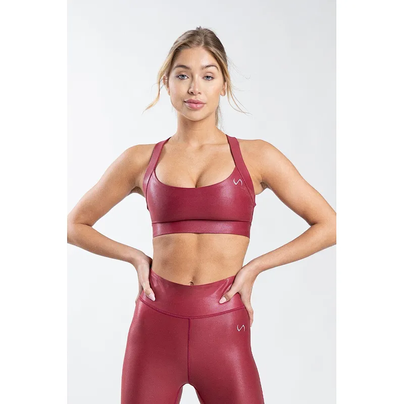 Hot Custom Logo Gym Wear Shiny Leather Compression Women Sports Bra