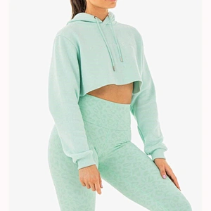 Women Pure Color Pullover Work Out Cotton Cropped Hoodies