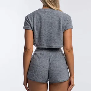 Womens Casual Shorts Tops Sets Berber Fleece Shorts Crop Top Sets