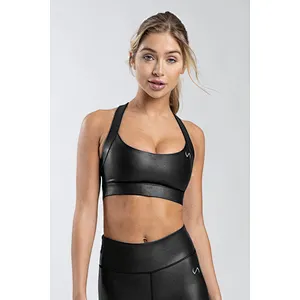 Hot Custom Logo Gym Wear Shiny Leather Compression Women Sports Bra
