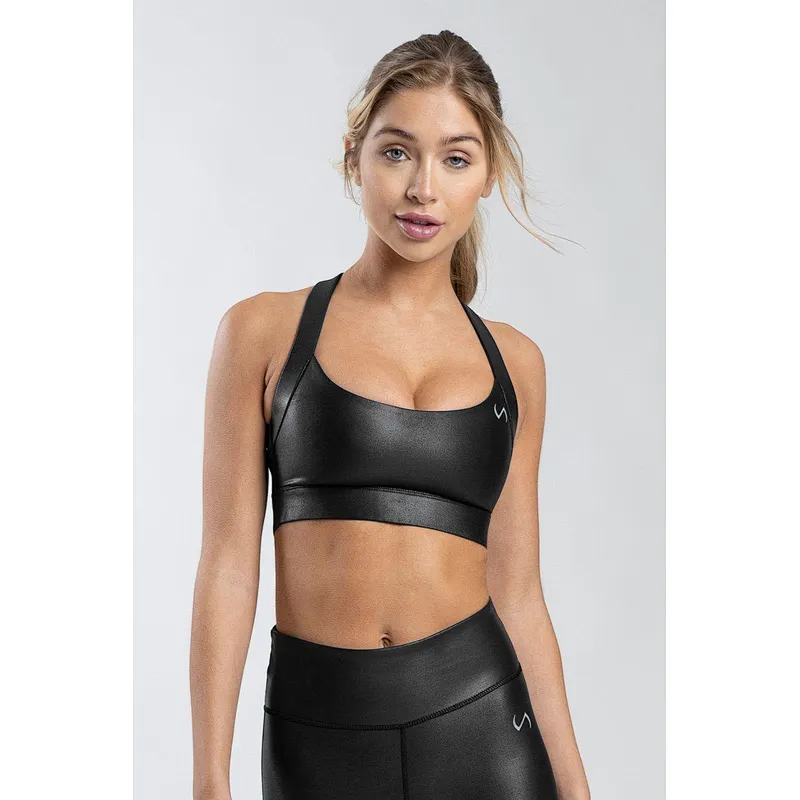 Hot Custom Logo Gym Wear Shiny Leather Compression Women Sports Bra