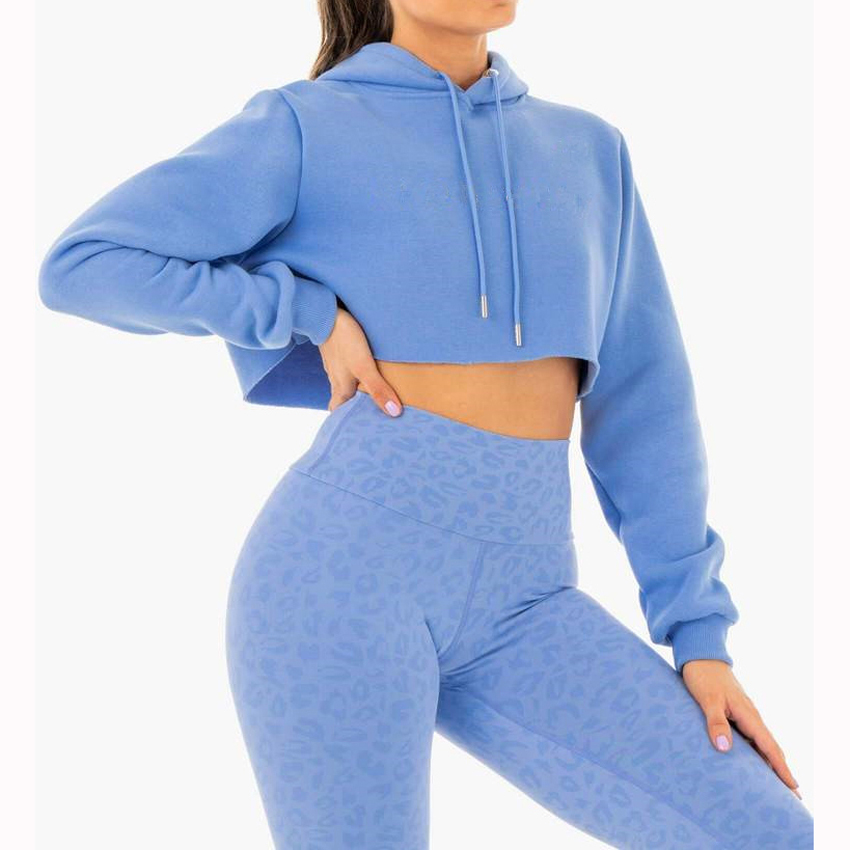Women Pure Color Pullover Work Out Cotton Cropped Hoodies