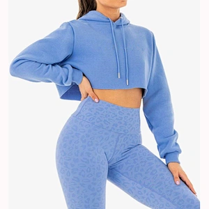 Women Pure Color Pullover Work Out Cotton Cropped Hoodies