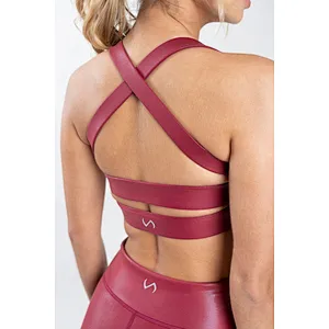 Hot Custom Logo Gym Wear Shiny Leather Compression Women Sports Bra