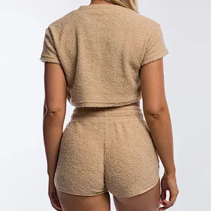 Womens Casual Shorts Tops Sets Berber Fleece Shorts Crop Top Sets