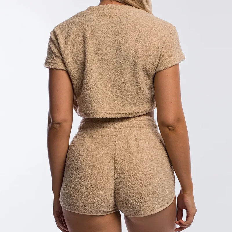 Womens Casual Shorts Tops Sets Berber Fleece Shorts Crop Top Sets