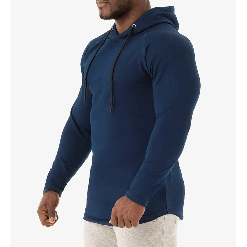 High Quality Men Curved Hem Muscle Fit Sports Gym Drawstring Hoodies