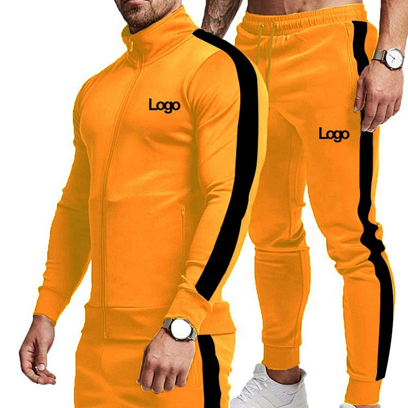 Athletic Sweat Suits  Contrast Side Stripe Mens Gym Sports Zipper Up 2pcs Tracksuits