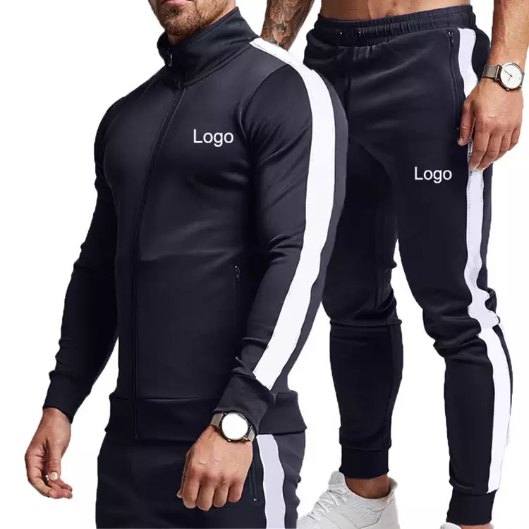 Athletic Sweat Suits  Contrast Side Stripe Mens Gym Sports Zipper Up 2pcs Tracksuits