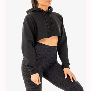 Women Pure Color Pullover Work Out Cotton Cropped Hoodies