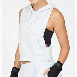 Women Cotton Pullover Solid Fitness Tank Hoodie