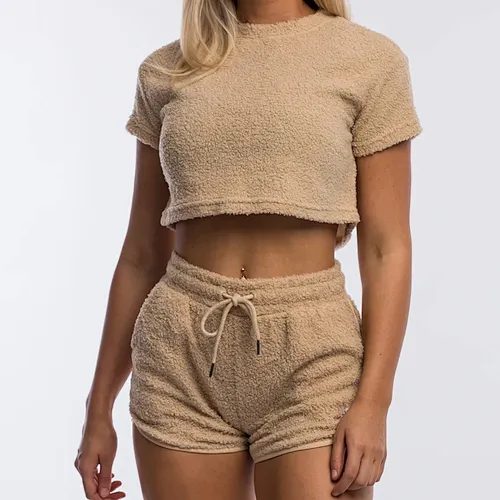 Womens Casual Shorts Tops Sets Berber Fleece Shorts Crop Top Sets