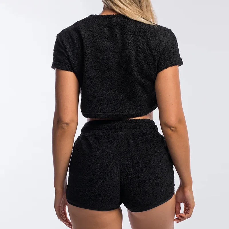Womens Casual Shorts Tops Sets Berber Fleece Shorts Crop Top Sets
