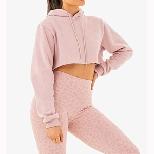 Women Pure Color Pullover Work Out Cotton Cropped Hoodies