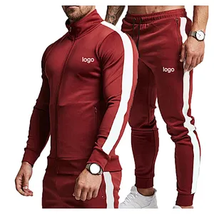Athletic Sweat Suits  Contrast Side Stripe Mens Gym Sports Zipper Up 2pcs Tracksuits