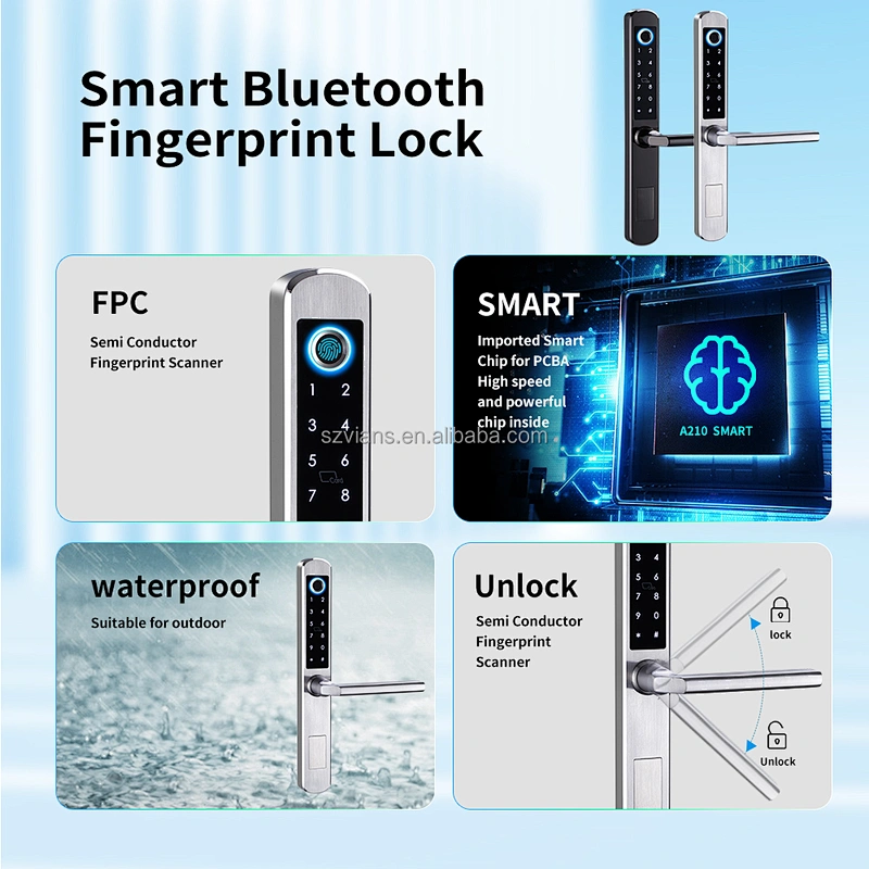 Vians Stainless Steel Tuya WIFI Euro Mortise Type Digital Fingerprint Smart Lock