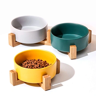 Wholesale ceramic pet food bowl elevated luxury designed dog ceramic bowl with bamboo shelf