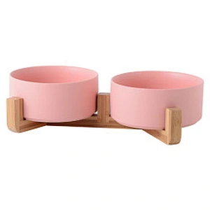 Wholesale ceramic pet food bowl elevated luxury designed dog ceramic bowl with bamboo shelf