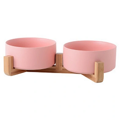Wholesale ceramic pet food bowl elevated luxury designed dog ceramic bowl with bamboo shelf