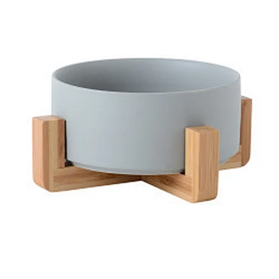 Wholesale ceramic pet food bowl elevated luxury designed dog ceramic bowl with bamboo shelf