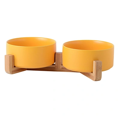 Wholesale ceramic pet food bowl elevated luxury designed dog ceramic bowl with bamboo shelf