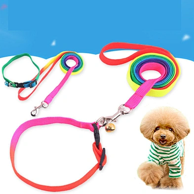 High quality rainbow pet dog collar and leash cheapest rainbow rope dog leash with bell