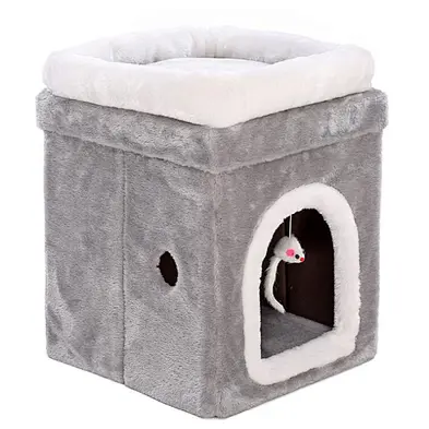 Winter Cat Condo Portable Indoor Foldable Plush Cat Warm House with Fluffy Ball Hanging