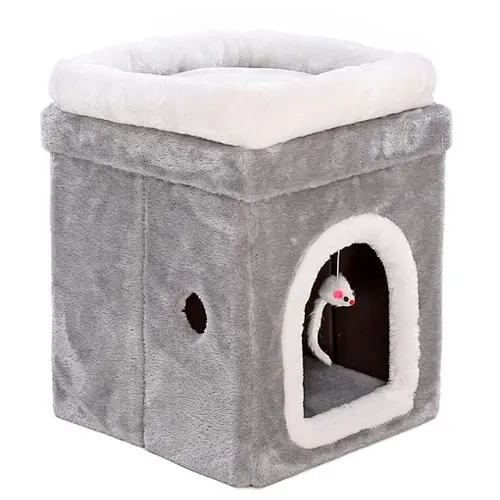 Winter Cat Condo Portable Indoor Foldable Plush Cat Warm House with Fluffy Ball Hanging